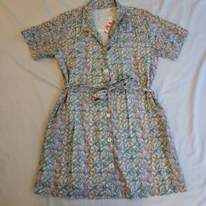 Roller Rabbit Peri Eddie Teal Orange Pink Multi Leaf Print Mini Shirt Dress HAL3
